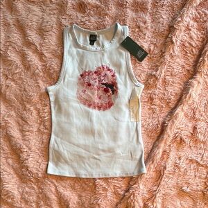 White Sleeveless Top with Pink Graphic
